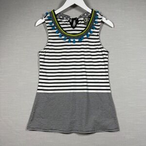 One September Top Womens Small Black White Striped Embroidered Boho Casual Artsy